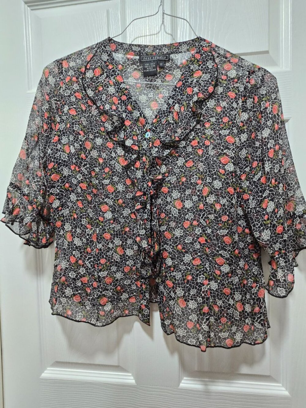 Tess Studio Floral 100% Silk Blouse Top 12 Ruffle Boxy Button Up